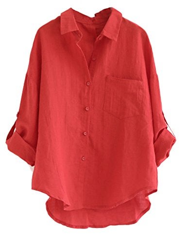 Minibee Women's Linen Blouse High Low Shirt Roll-Up Sleeve Tops Red 2XL - Image 1