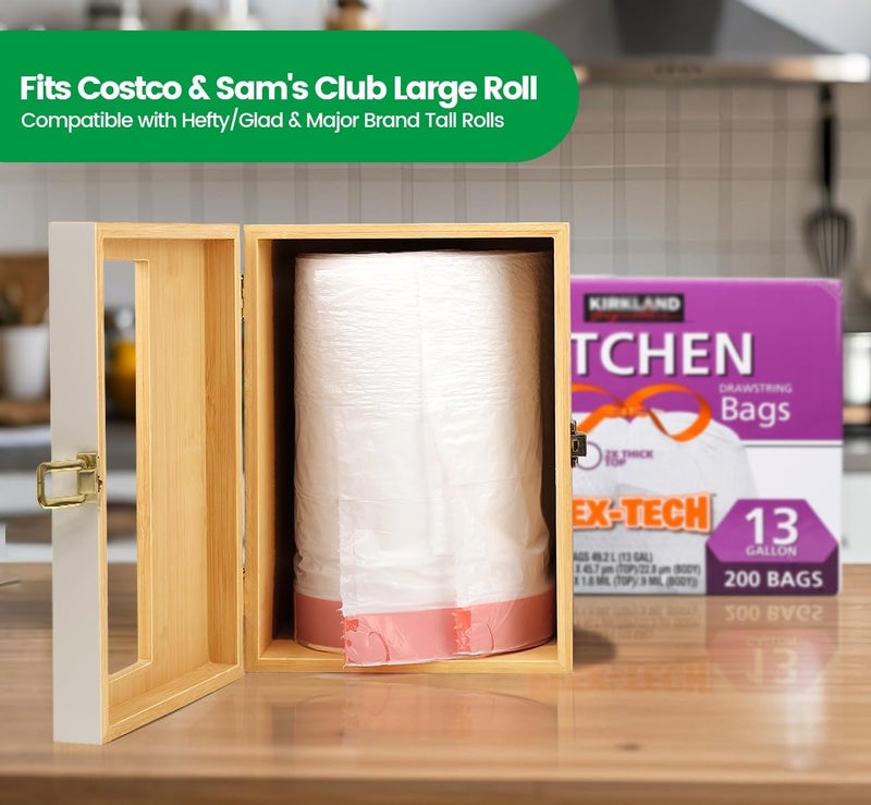 Libreshine Extra Large White Bamboo Trash Bag Holder Dispenser, Fits Costco & Sam's Club Jumbo Rolls, Under-Sink, Cabinet & Wall Mount Organizer, Garbage Bag Storage for Kitchen, Pantry, Garage - Image 2