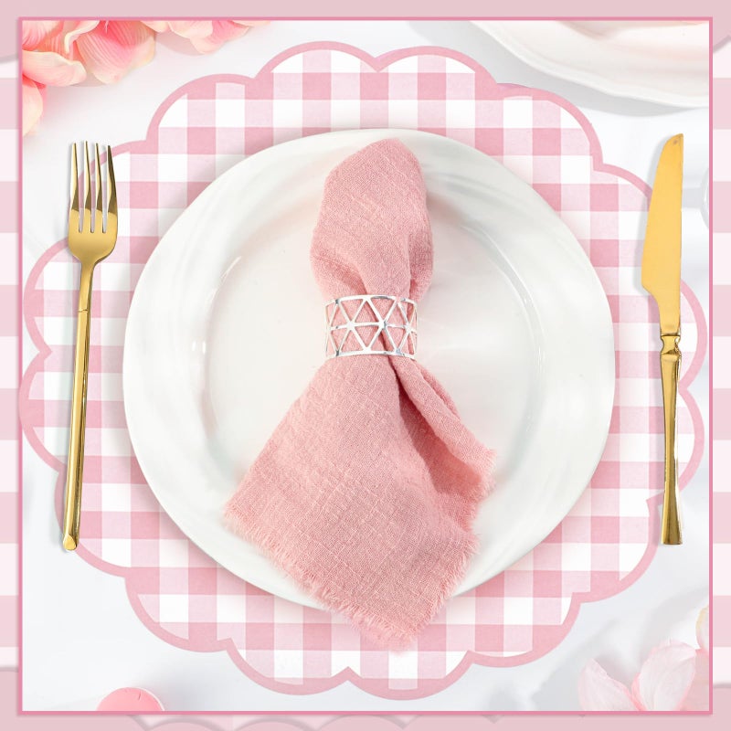 NatNarr 60 Pcs Pink and White Gingham Paper Placemat,13.5 Inch Scalloped Easter Checkered Place Mats Disposable Table Placemats Decorative Paper for Anniversay Baby Shower Wedding Banquet Tea Party - Image 3