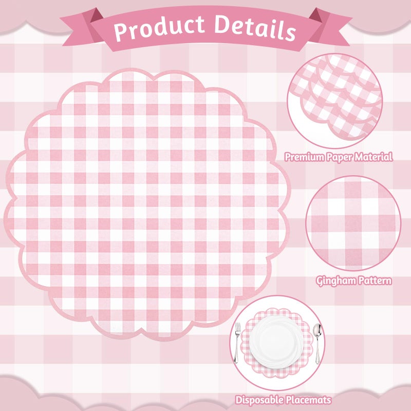 NatNarr 60 Pcs Pink and White Gingham Paper Placemat,13.5 Inch Scalloped Easter Checkered Place Mats Disposable Table Placemats Decorative Paper for Anniversay Baby Shower Wedding Banquet Tea Party - Image 4