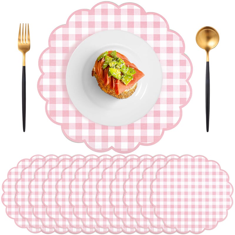 NatNarr 60 Pcs Pink and White Gingham Paper Placemat,13.5 Inch Scalloped Easter Checkered Place Mats Disposable Table Placemats Decorative Paper for Anniversay Baby Shower Wedding Banquet Tea Party - Image 1