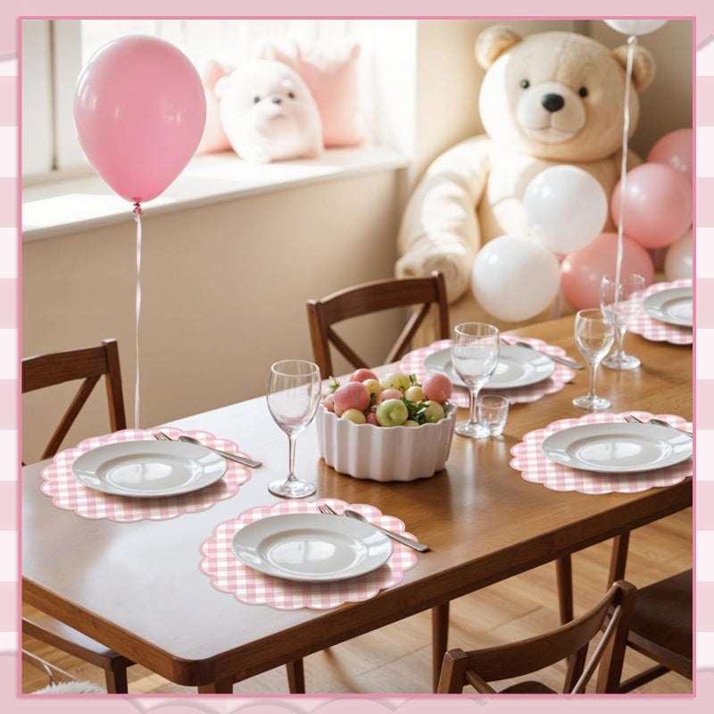 NatNarr 60 Pcs Pink and White Gingham Paper Placemat,13.5 Inch Scalloped Easter Checkered Place Mats Disposable Table Placemats Decorative Paper for Anniversay Baby Shower Wedding Banquet Tea Party - Image 5