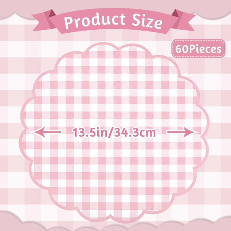 NatNarr 60 Pcs Pink and White Gingham Paper Placemat,13.5 Inch Scalloped Easter Checkered Place Mats Disposable Table Placemats Decorative Paper for Anniversay Baby Shower Wedding Banquet Tea Party - Image 2