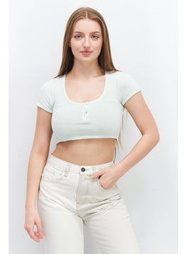 Bershka Women Scoop Neck Short Sleeve Textured Crop Top, Very Light Green  - Image 1