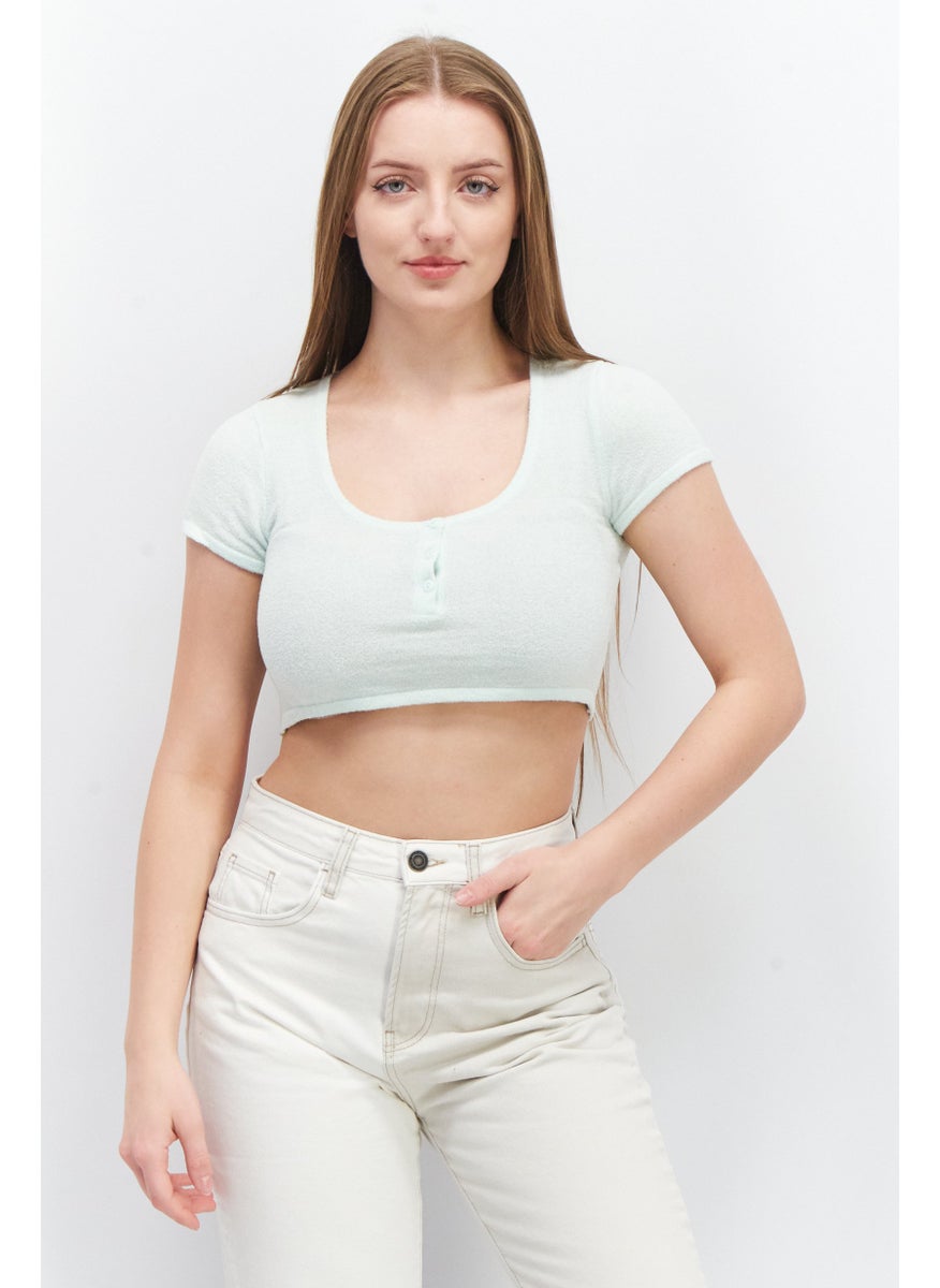Bershka Women Scoop Neck Short Sleeve Textured Crop Top, Very Light Green  - Image 1