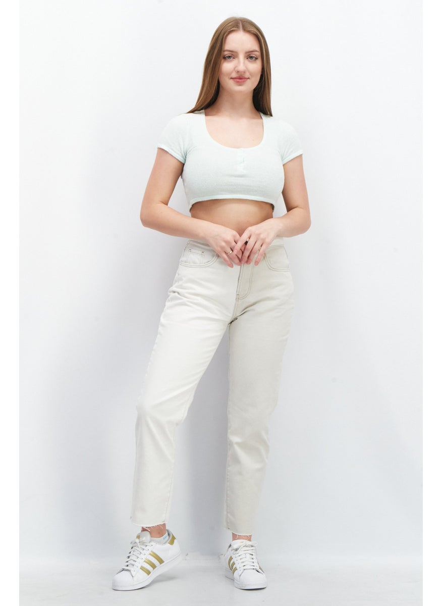 Bershka Women Scoop Neck Short Sleeve Textured Crop Top, Very Light Green  - Image 3