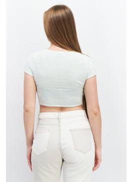 Bershka Women Scoop Neck Short Sleeve Textured Crop Top, Very Light Green  - Image 2
