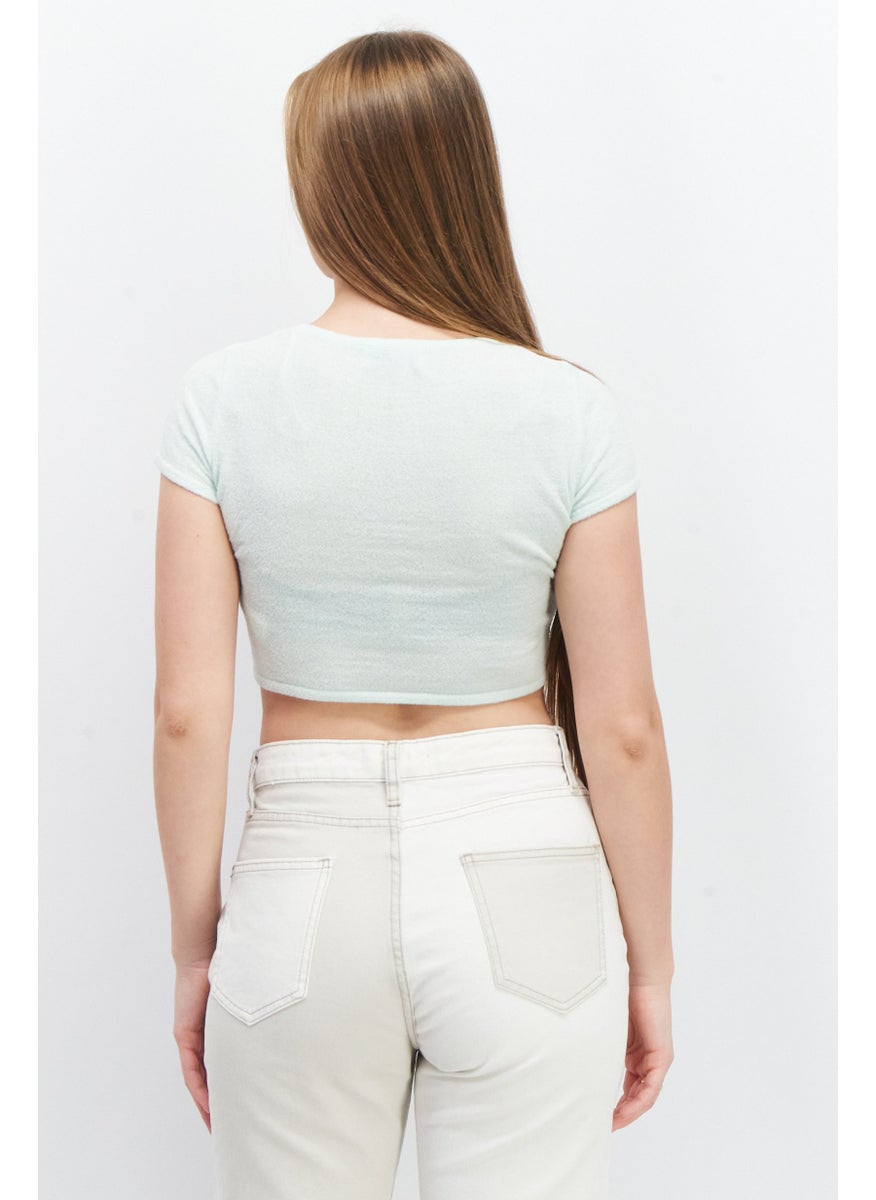 Bershka Women Scoop Neck Short Sleeve Textured Crop Top, Very Light Green  - Image 2