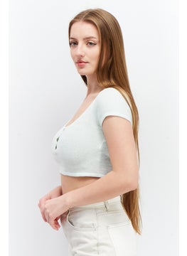 Bershka Women Scoop Neck Short Sleeve Textured Crop Top, Very Light Green  - Image 4