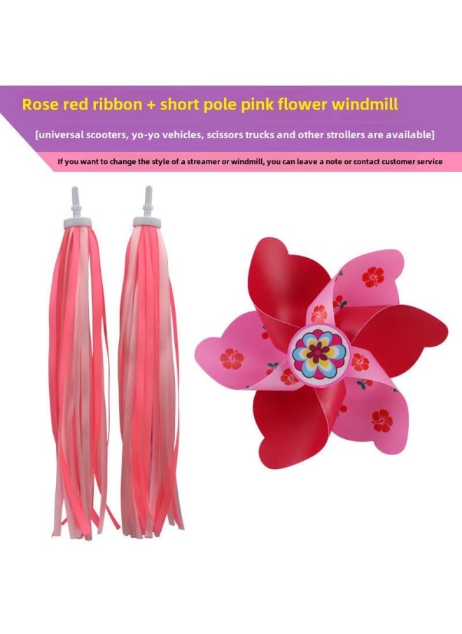 Small Windmill Children's Car Windmill Bicycle Cartoon Rotating Baby Stroller Scooter Front Decoration Accessories-Color:Rose Red Ribbon + Short Pole Pink Flower Windmill  - Image 1