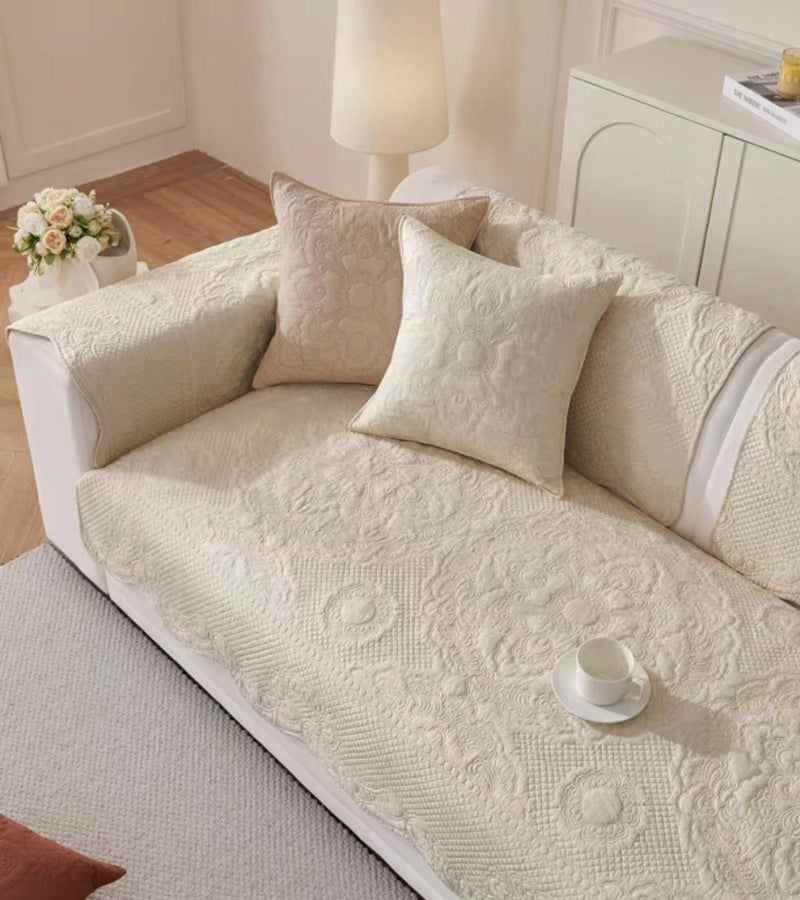 Huierxun Luxury Vintage Cotton Embroidery Sofa Cover Soft Farmhouse Seat Cushion Cover Floral Quilted Sectional Couch Cover Anti-Slip Sofa Slipcovers Furniture Protector for Dogs Cats (Beige,28"x28") - Image 1