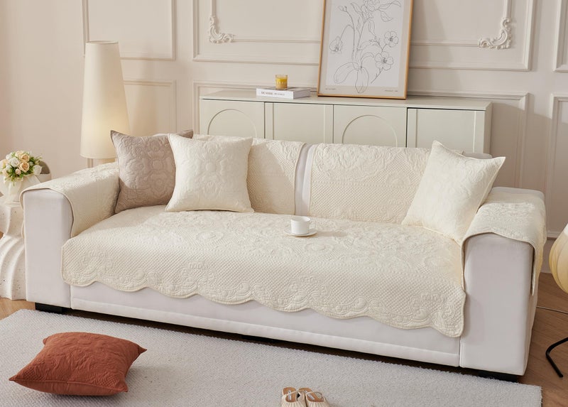 Huierxun Luxury Vintage Cotton Embroidery Sofa Cover Soft Farmhouse Seat Cushion Cover Floral Quilted Sectional Couch Cover Anti-Slip Sofa Slipcovers Furniture Protector for Dogs Cats (Beige,28"x28") - Image 4