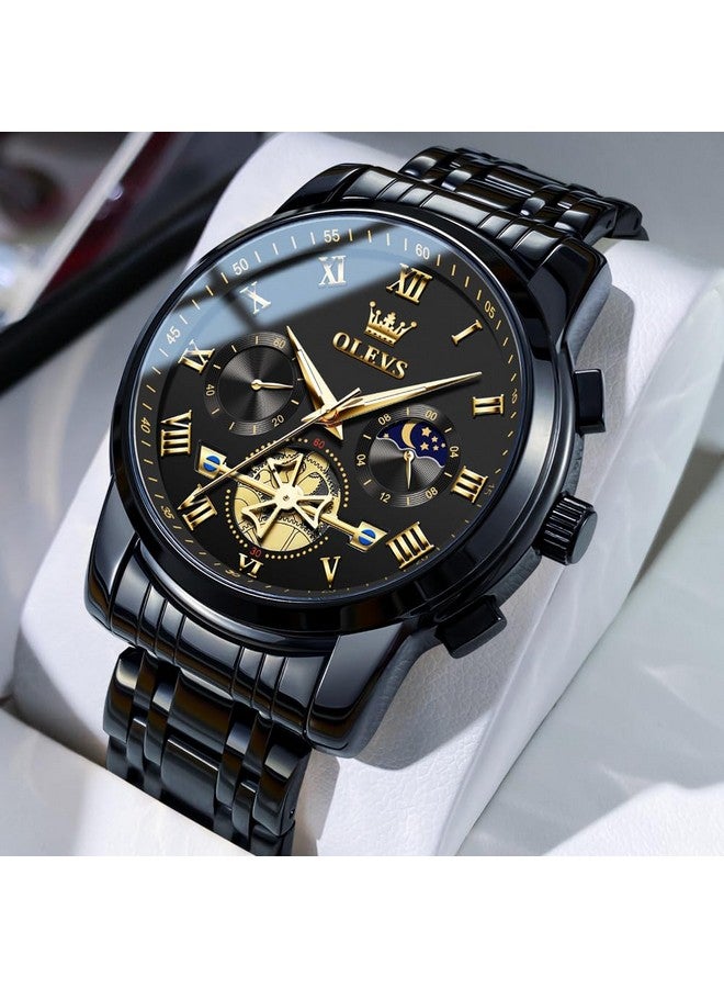 أوليفز ساعات  للرجال كرونوغراف ساعات يد سوداء للأعمال كوارتز تناظرية بمرحلة القمر من الفولاذ المقاوم للصدأ ساعات رسمية مضيئة مقاومة للماء - Image 3