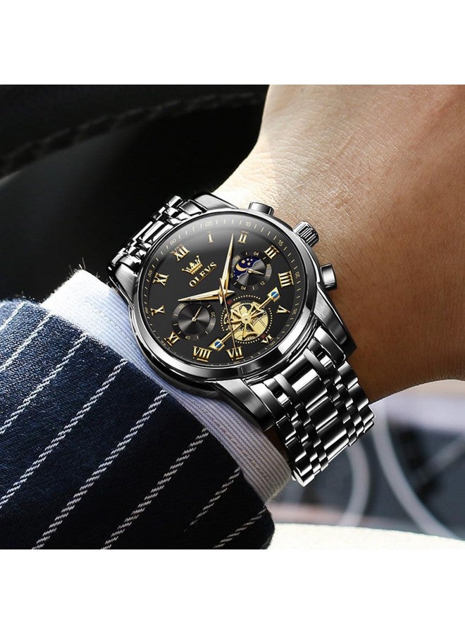 أوليفز ساعات  للرجال كرونوغراف ساعات يد سوداء للأعمال كوارتز تناظرية بمرحلة القمر من الفولاذ المقاوم للصدأ ساعات رسمية مضيئة مقاومة للماء - Image 5