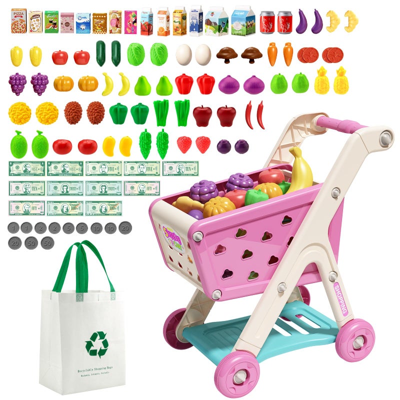 Jovow 102pcs Kids Shopping Cart Trolley Play Set with Pretend Food and AccessoriesPerfect for Ages 3 Pretend Play and RolePlaying Games Pink - Image 3