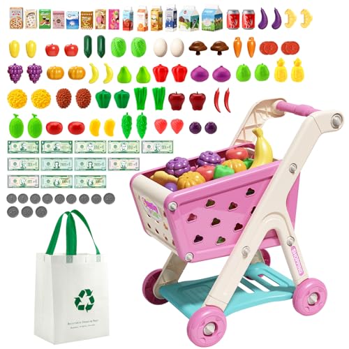 Jovow 102pcs Kids Shopping Cart Trolley Play Set with Pretend Food and AccessoriesPerfect for Ages 3 Pretend Play and RolePlaying Games Pink - Image 1
