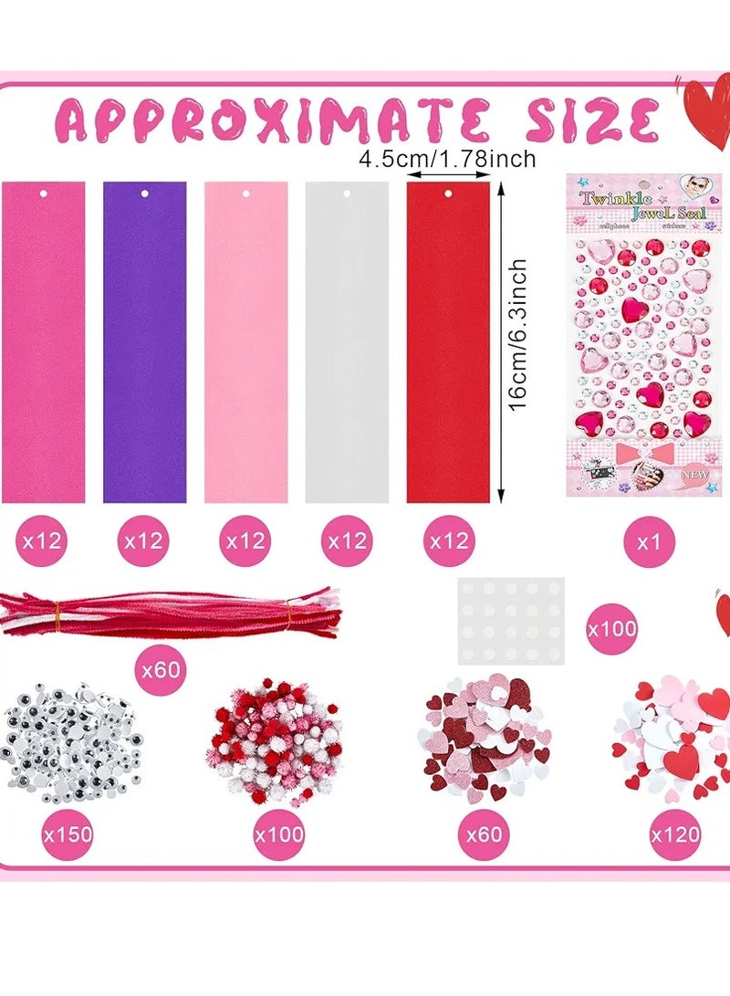 651 Pcs Valentine's Day Decoration DIY Foam Bookmarks Valentine Craft Kits with Assorted Hearts Stickers, Wiggle Eyes, Glitter Pom Poms, Pipe Cleaner for Kids Reading Classroom Activity Valentine Gift - Image 3