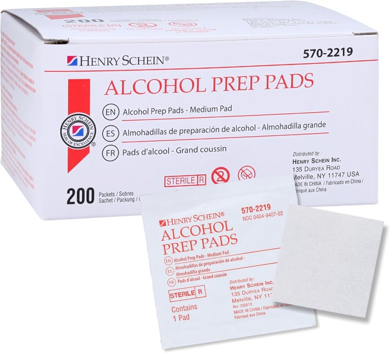 Henry Schein Alcohol Prep Pads Medium Size 200 Count 70 Isopropyl Alcohol Individually Wrapped Sterile Wipes for Medical Everyday Use - Image 1