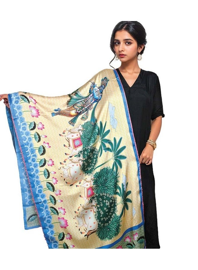 MaatirDesigns Krishna with Cows Soft Vegan Silk Stole Dupatta - Image 1