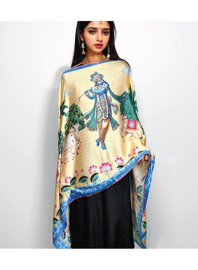 MaatirDesigns Krishna with Cows Soft Vegan Silk Stole Dupatta - Image 4