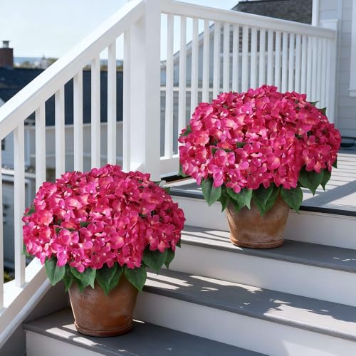 FOTEEWL Artificial Hydrangea Flower Topiary Trees - 2 Sets Faux Silk Flower Potted Plant, UV Resistant Fake Outdoor Hydrangea Bush for Front Door, Farmhouse,Garden, Porch Decor (Rose Red) - Image 3
