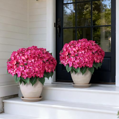 FOTEEWL Artificial Hydrangea Flower Topiary Trees - 2 Sets Faux Silk Flower Potted Plant, UV Resistant Fake Outdoor Hydrangea Bush for Front Door, Farmhouse,Garden, Porch Decor (Rose Red) - Image 2