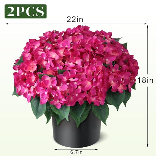 FOTEEWL Artificial Hydrangea Flower Topiary Trees - 2 Sets Faux Silk Flower Potted Plant, UV Resistant Fake Outdoor Hydrangea Bush for Front Door, Farmhouse,Garden, Porch Decor (Rose Red) - Image 5