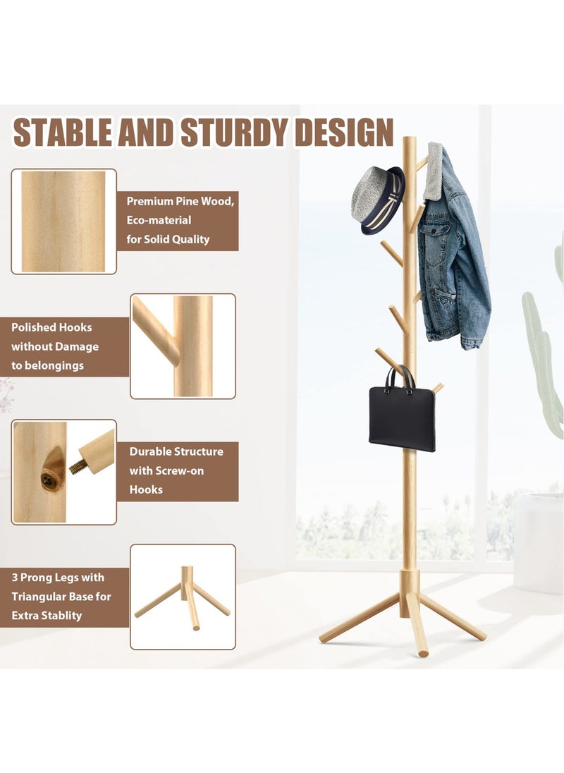 LEFAFA Freestanding Wooden Coat Rack, Multi-Functional Coat Tree with 8 Hooks, 3 Adjustable Sizes for Clothes, Hat, Handbags Stand Used in Bedroom Office Entryway Hallway  - Image 2