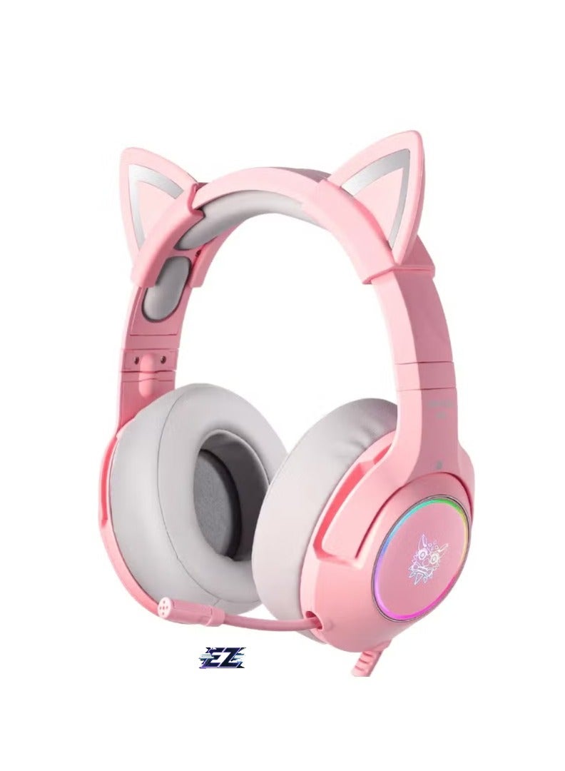 ELTRAZONE K9 Wired Gaming Headset Over-Ear Gaming Headphones with Removable Cat Ears & Microphone – High-Quality Stereo Sound, Noise-Canceling Mic, Comfortable Over-Ear Cushions, RGB Lights, Adjustable Headband – Compatible with PC, PS4, Xbox, Mobile Devices – Pink  - Image 1