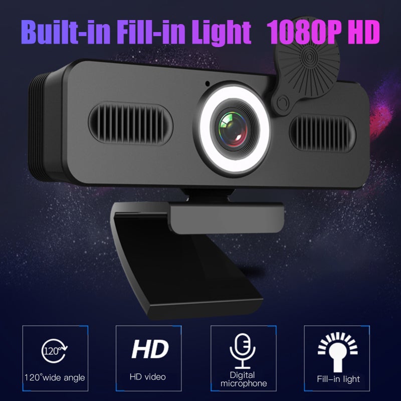 Webcam 1080P FHD With Built-in Fill-in Light Noise Cancelling Microphone - Privacy Cover Wide Angle Lens For Indoor Video Conferencing Streaming Online Teaching - Image 2