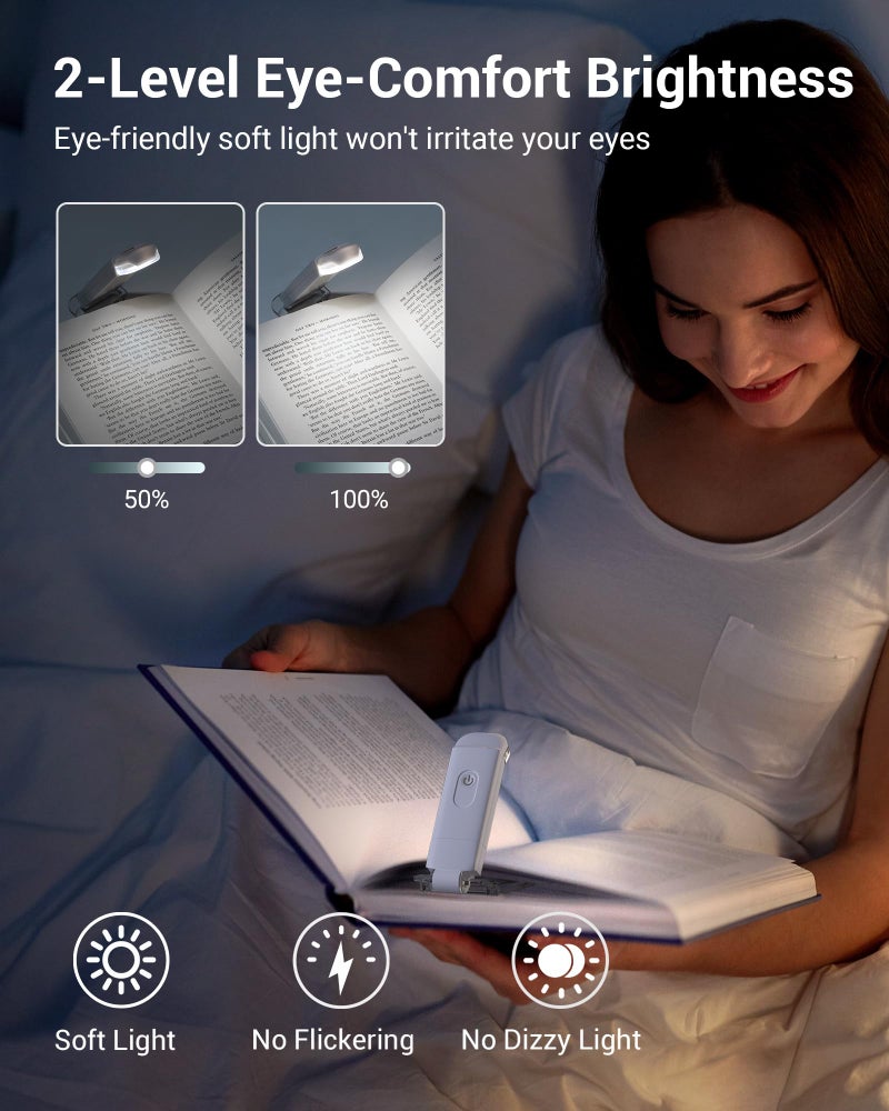 DEWENWILS Book Reading Light with Clip, USB Rechargeable Booklight for Reading in Bed, Eye Care LED Book Lamp for Kids, Bookworms,2 Brightness Levels (White) - Image 2