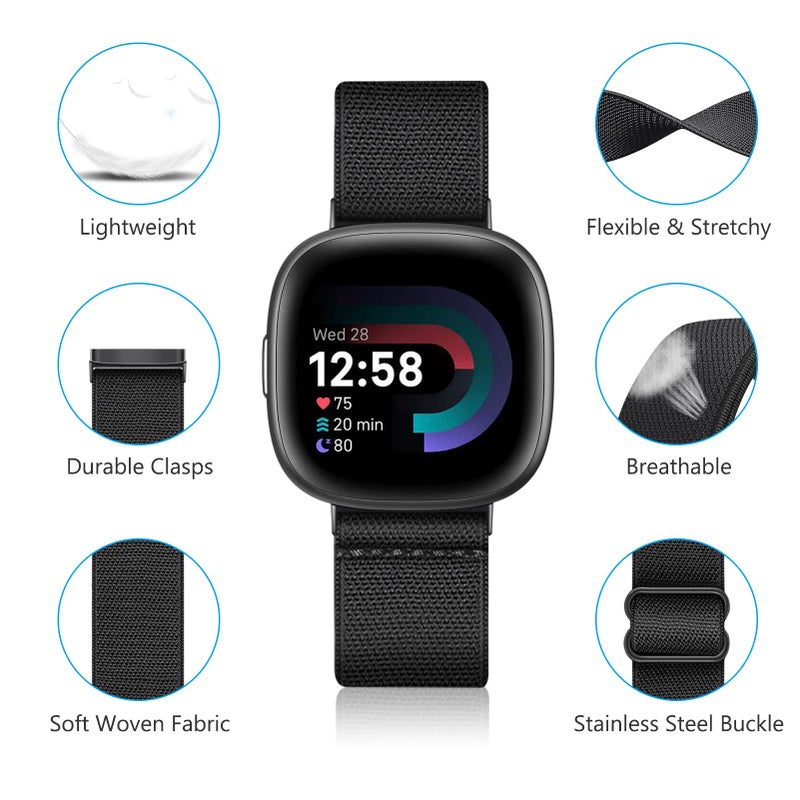 FINTIE Elastic Band Compatible with Fitbit Versa 4 3, Sense 2 1 Bands, Soft Nylon Stretch Strap Replacement Accessories Wristband, Black - Image 3