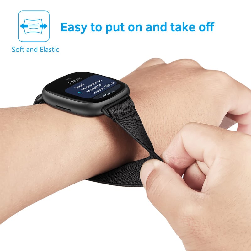 FINTIE Elastic Band Compatible with Fitbit Versa 4 3, Sense 2 1 Bands, Soft Nylon Stretch Strap Replacement Accessories Wristband, Black - Image 4