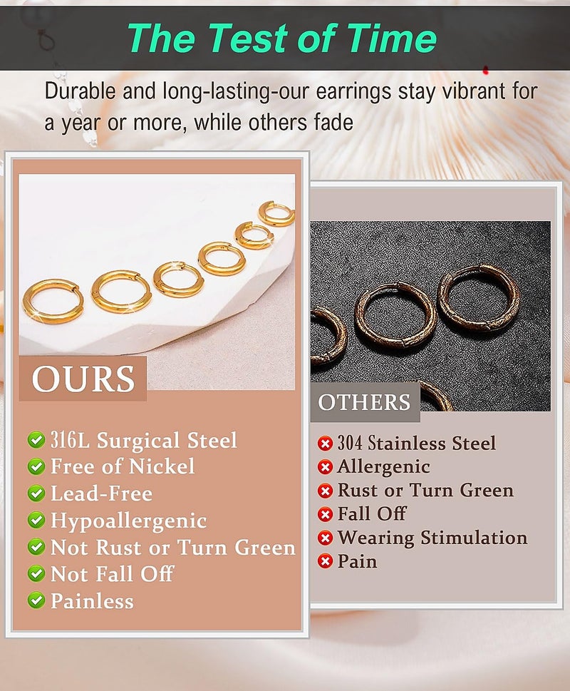 AMASIS Small Gold Hoop Earrings for Women Men,Hypoallergenic 316L Surgical Stainless Steel Earrings for Sensitive Ears,Cute Cartilage Helix Tiny Huggie Hoops Earring Set for Multiple Piercing Jewelry Gift - Image 4