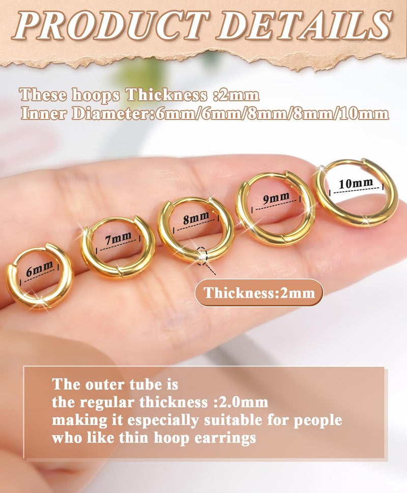 AMASIS Small Gold Hoop Earrings for Women Men,Hypoallergenic 316L Surgical Stainless Steel Earrings for Sensitive Ears,Cute Cartilage Helix Tiny Huggie Hoops Earring Set for Multiple Piercing Jewelry Gift - Image 5