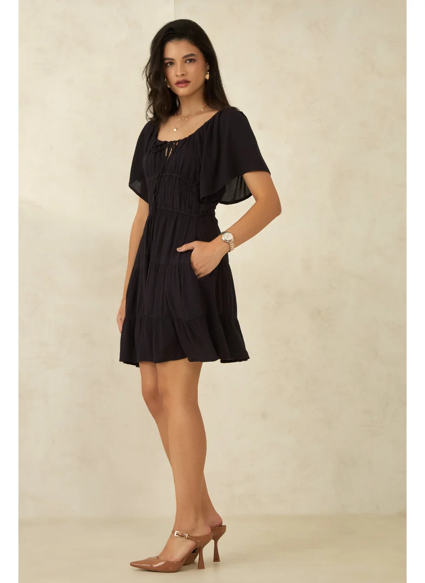 Virgio Virgio Women Viscose Square Neck Knee Length Solid Puff Sleeves Dress
