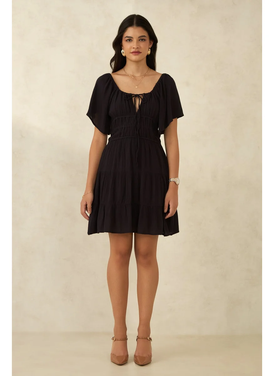 Virgio Virgio Women Viscose Square Neck Knee Length Solid Puff Sleeves Dress