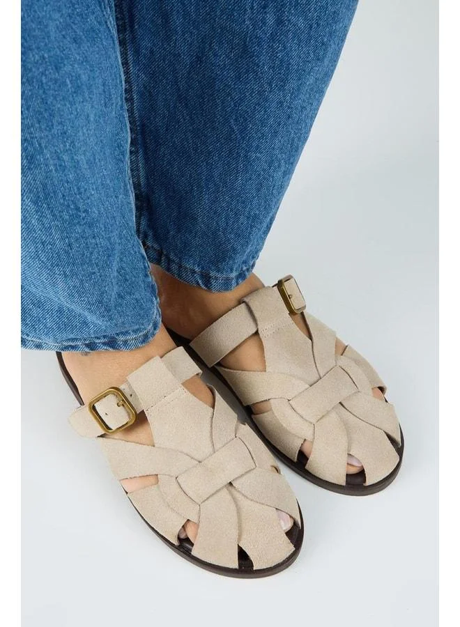 Qurina Women's Real Leather Caged Beige Slippers.