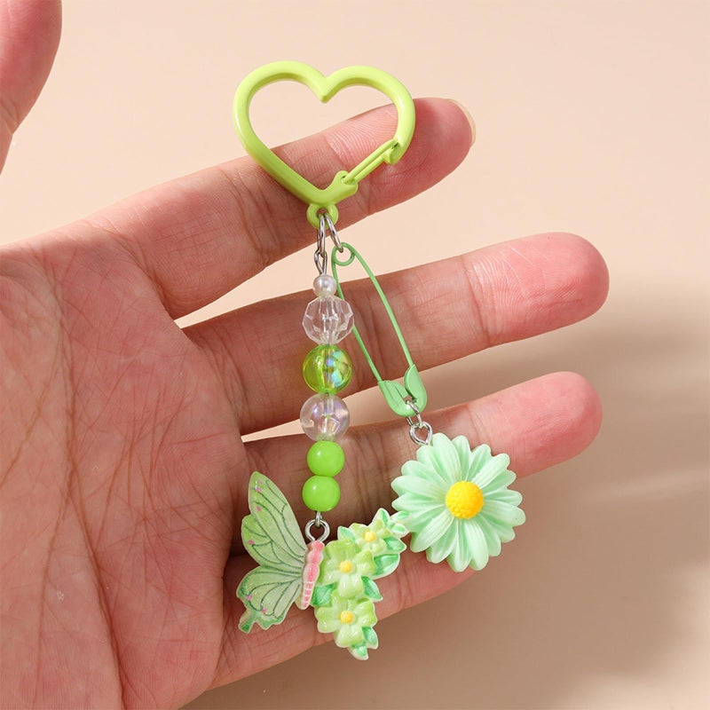 Elegant Beaded Star Daisies Flower Butterfly Keychain Sturdy Alloy Resin Charm Bag Backpack Accessory Green - Image 3