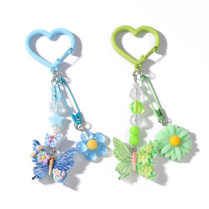 Elegant Beaded Star Daisies Flower Butterfly Keychain Sturdy Alloy Resin Charm Bag Backpack Accessory Green - Image 5
