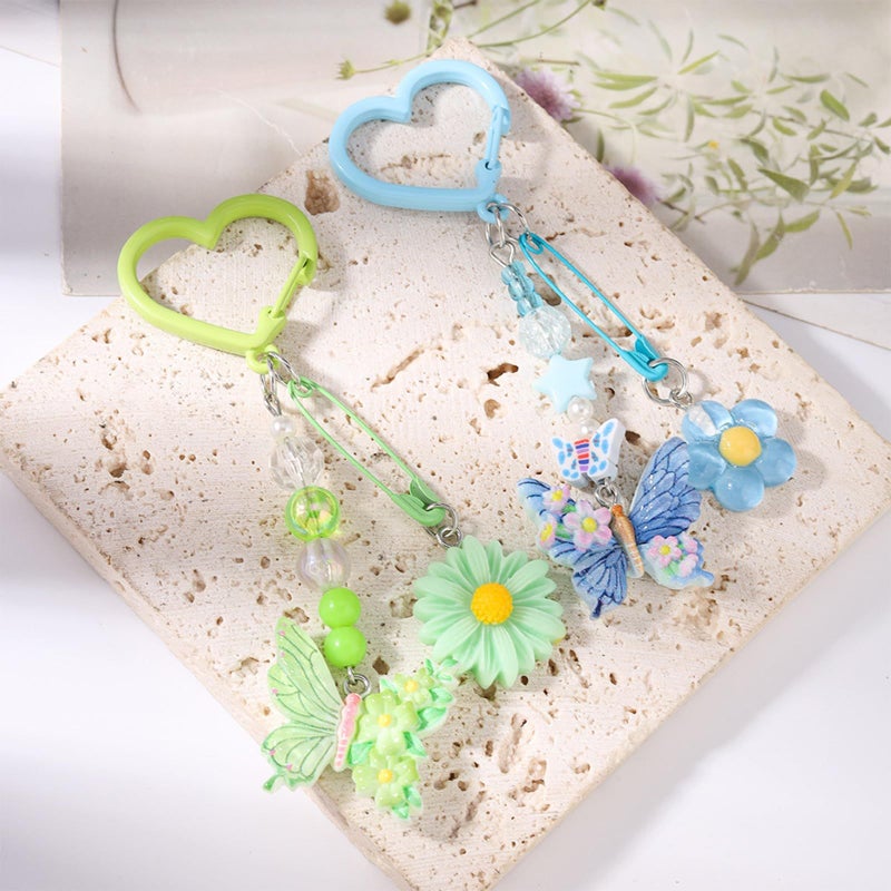 Elegant Beaded Star Daisies Flower Butterfly Keychain Sturdy Alloy Resin Charm Bag Backpack Accessory Green - Image 4
