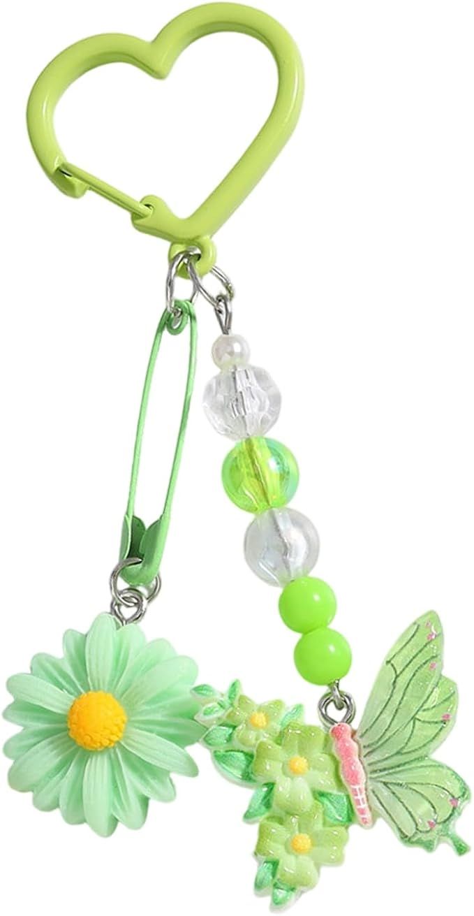 Elegant Beaded Star Daisies Flower Butterfly Keychain Sturdy Alloy Resin Charm Bag Backpack Accessory Green - Image 1