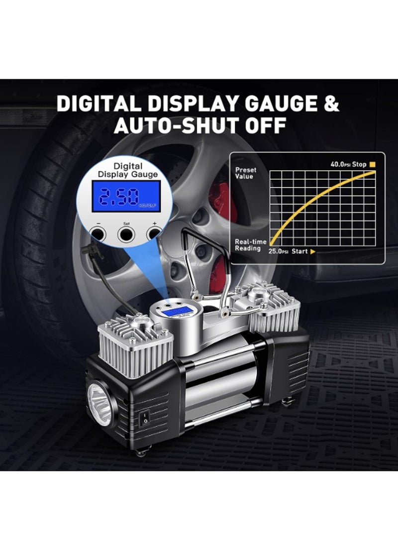 ضاغط هواء رقمي محمول لنفخ إطارات السيارات، مضخة هواء رقمية محمولة بقوة 150 رطل لكل بوصة مربعة مع أسطوانة مزدوجة 30 ملم للخدمة الشاقة/إيقاف تلقائي/مصباح LED/مقبض معدني، مقياس ضغط الهواء، مضخة نفخ الإطارات - احترافية لسيارات الدفع الرباعي والطرق الوعرة والشاحنات