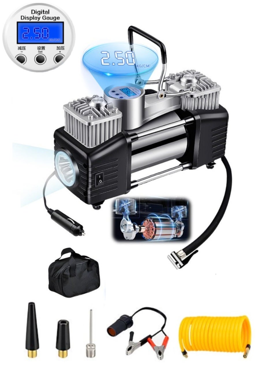 Car Tire Inflator Portable Digital Air Compressor,150 PSI Air Pump with Heavy Duty Double 30mm Cylinder/Auto Stop/LED Light/Metal Handle,Pressure Gauge Cycle Tyre Inflator - Professional for SUV, Off-Road, Trucks