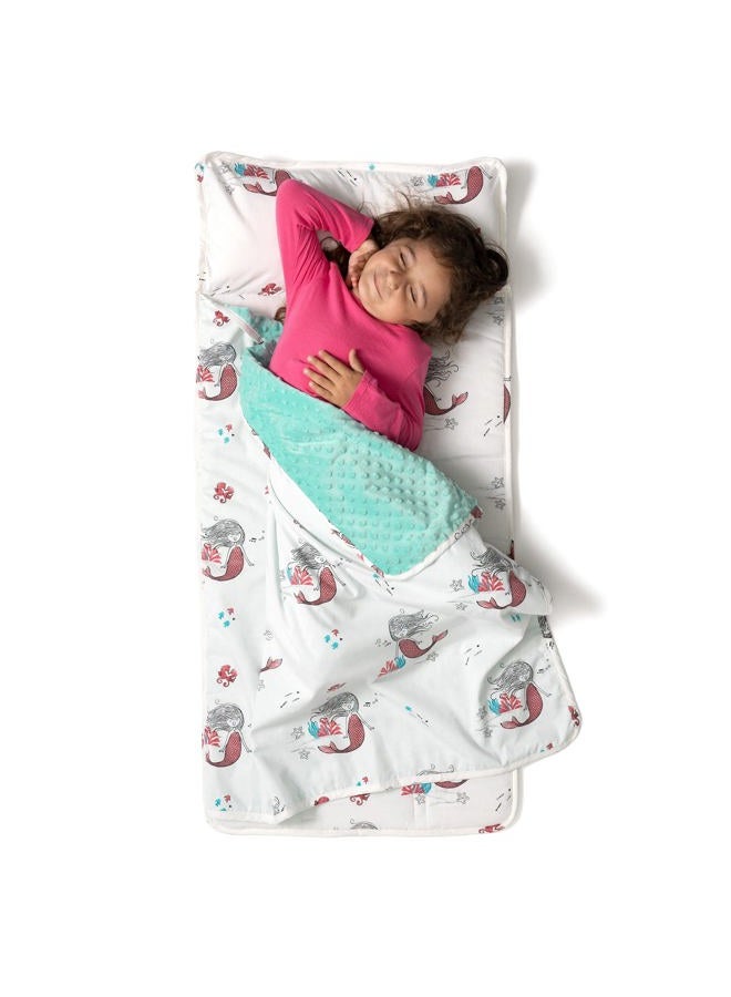 JumpOff Jo Toddler Nap Mat - Sleeping Bag for Kids with Removable Pillow and Ultra Soft Blanket for Preschool, Daycare, and Sleepovers - Mermaids - Image 1