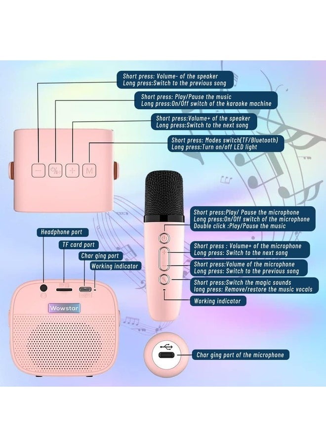 Kids Karaoke Machine Portable Bluetooth Speaker with Wireless Microphone Music Player for 4 5 6 7 8 9 10 Year Old Pink