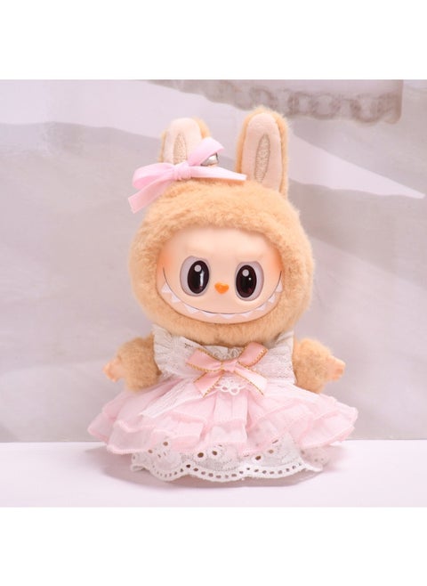 Clothes for Labubu(NO Doll) , Handcrafted Crochet 3-Piece Set for 17cm Doll, Premium Outfit with Accessories for Labubu, Stylish Clothes for Labubu Doll(Pink Puffy Dress)