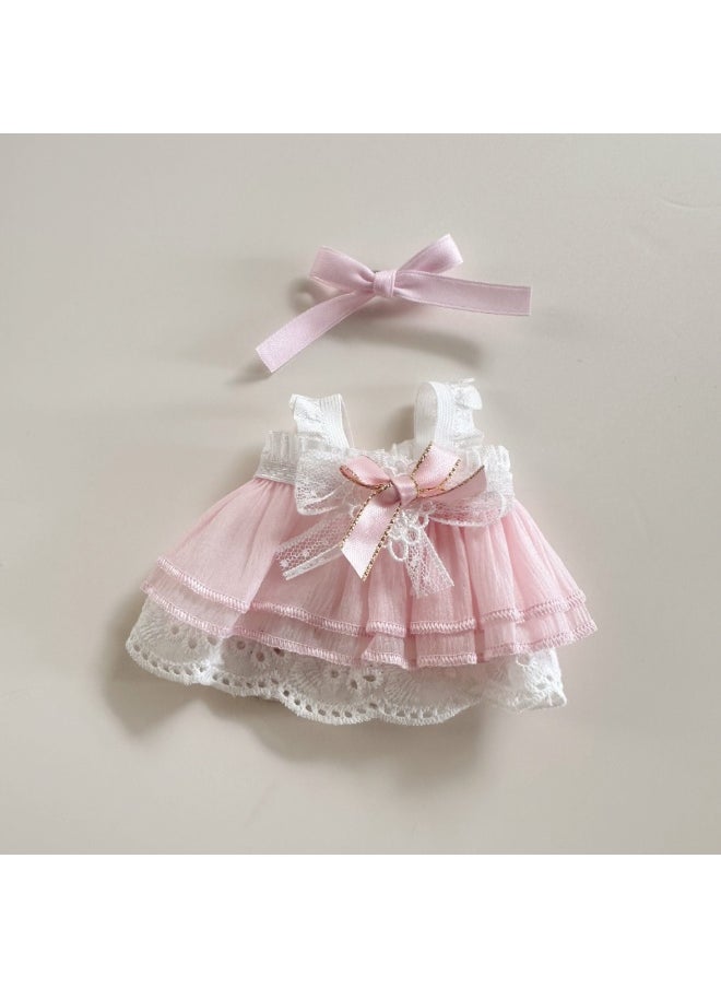 Clothes for Labubu(NO Doll) , Handcrafted Crochet 3-Piece Set for 17cm Doll, Premium Outfit with Accessories for Labubu, Stylish Clothes for Labubu Doll(Pink Puffy Dress)