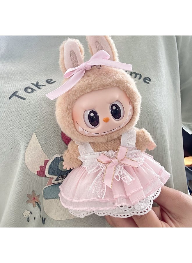 Clothes for Labubu(NO Doll) , Handcrafted Crochet 3-Piece Set for 17cm Doll, Premium Outfit with Accessories for Labubu, Stylish Clothes for Labubu Doll(Pink Puffy Dress)