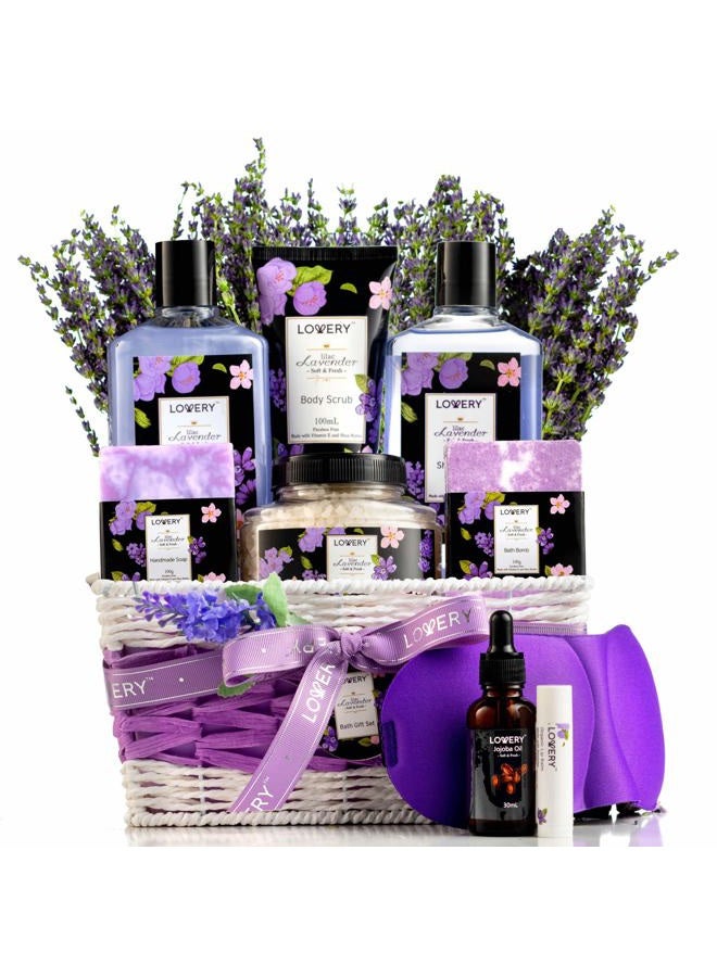LOVERY Lavender & Lilac Spa Gift Basket For Women & Men - Sleep Mask, Handmade Soap, Potpourri, Bath Bomb, Jojoba Oil, Organic Lip Balm & More - Aromatherapy Stress Relief Set, Bath & Body Self Care Package - Image 1